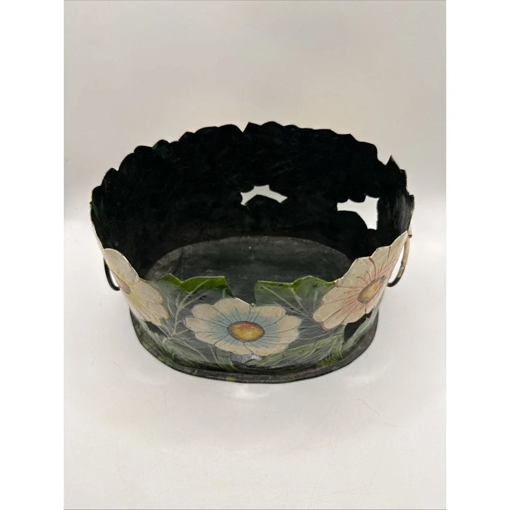 Vintage Painted‎ Black Metal Toleware Scalloped Floral Planter 7